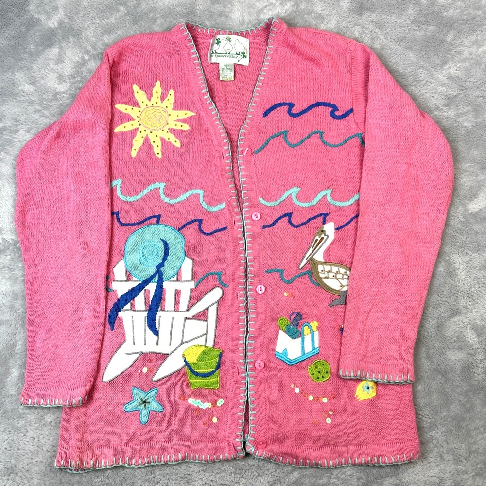Vintage Coastal Grandmacore Quacker Factory Beach Summer Design Sweater Cardigan